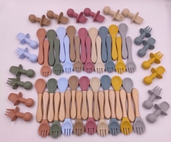 Silicone Baby Feeding Spoon With Wood Handle